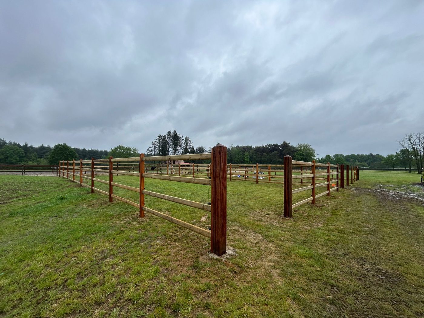 Multiple fenced paddocks across an estate