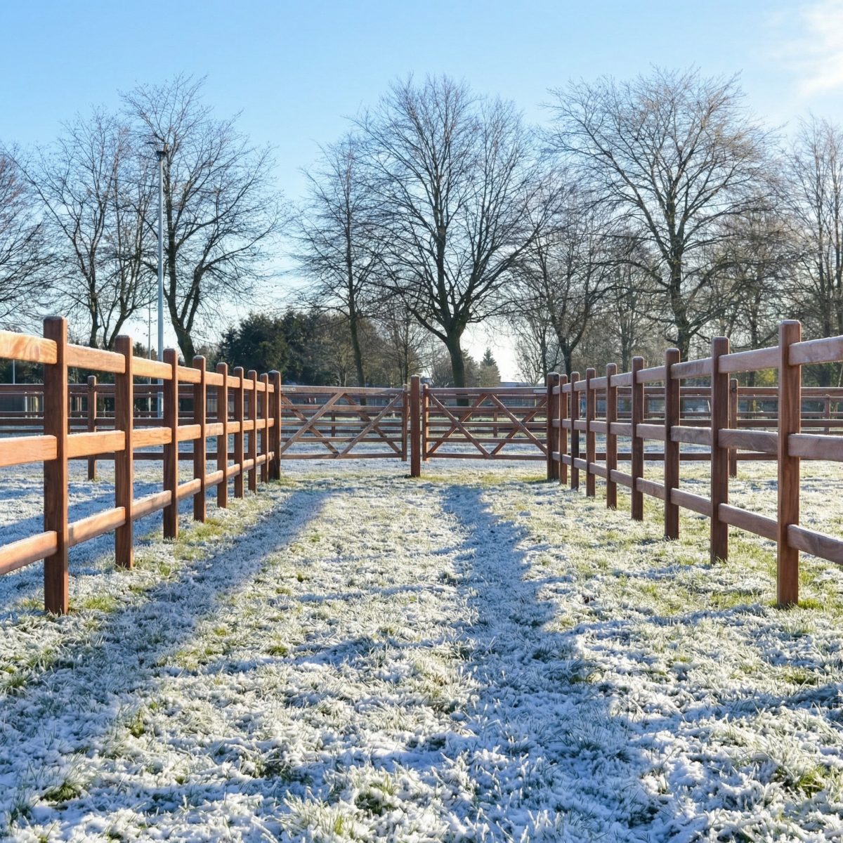 Frost-covered paddocks framed by hardwood fencing